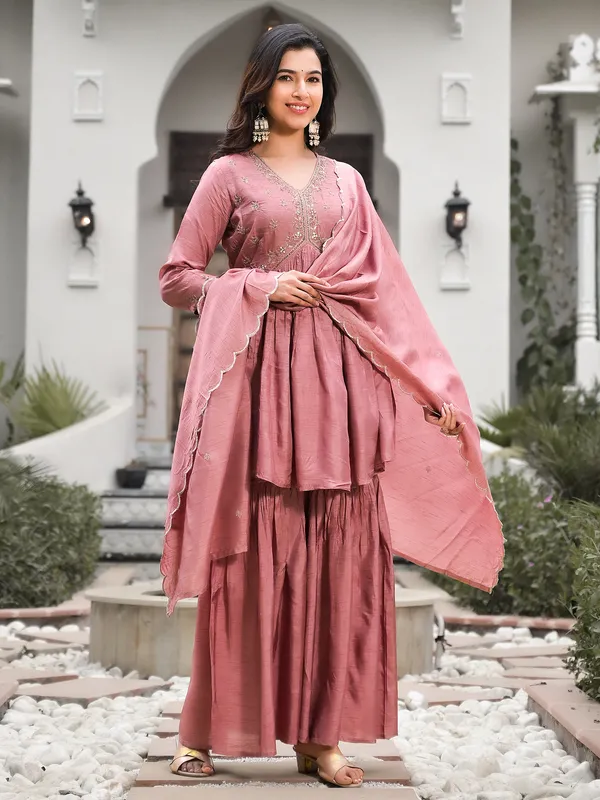 Stunning pink silk sharara suit with dupatta