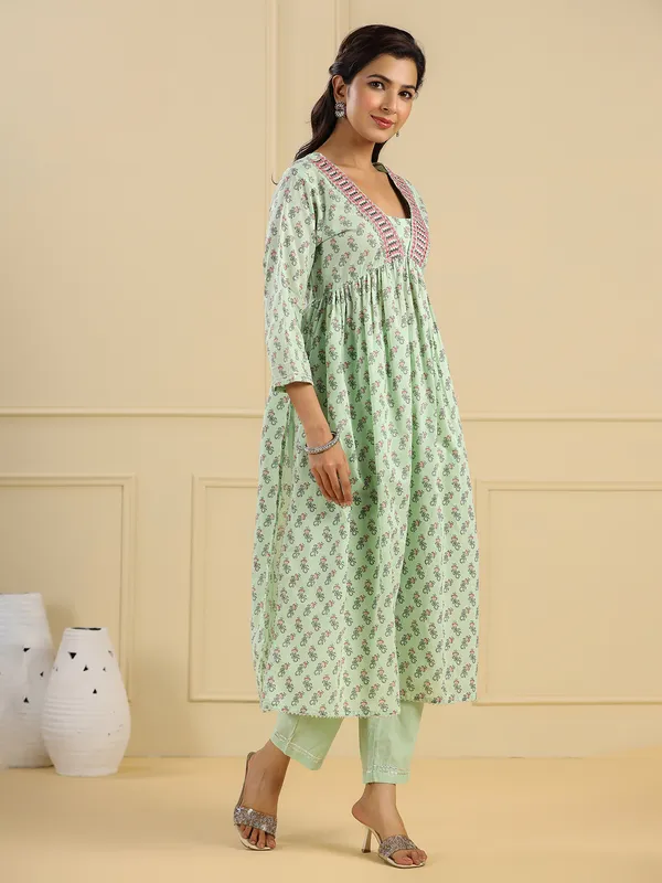 Stunning pista green cotton kurti set