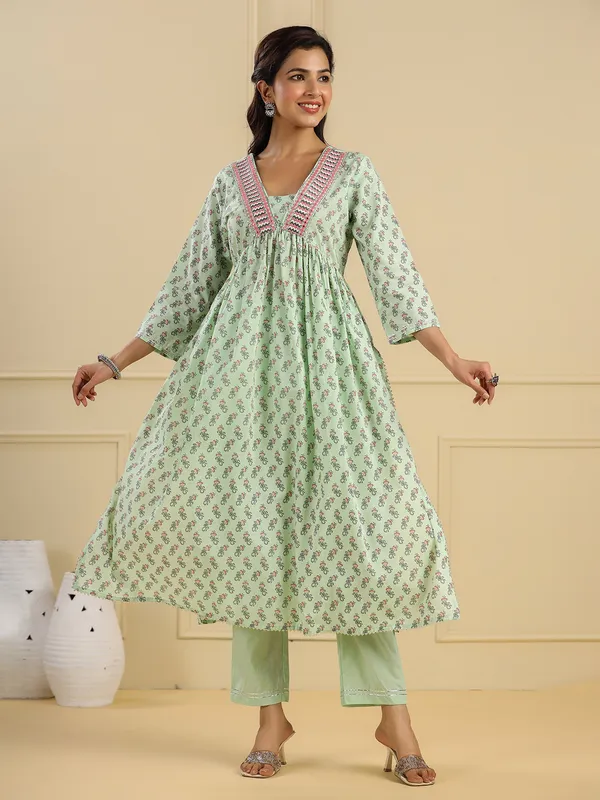 Stunning pista green cotton kurti set
