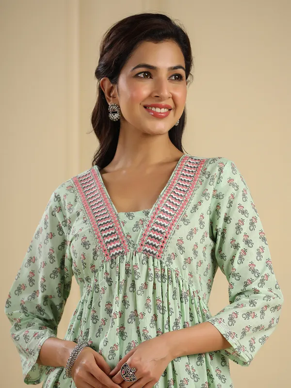 Stunning pista green cotton kurti set