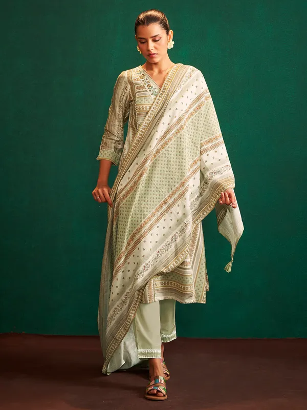 Stunning pista green kurti set in cotton silk
