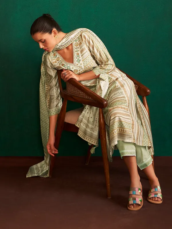 Stunning pista green kurti set in cotton silk