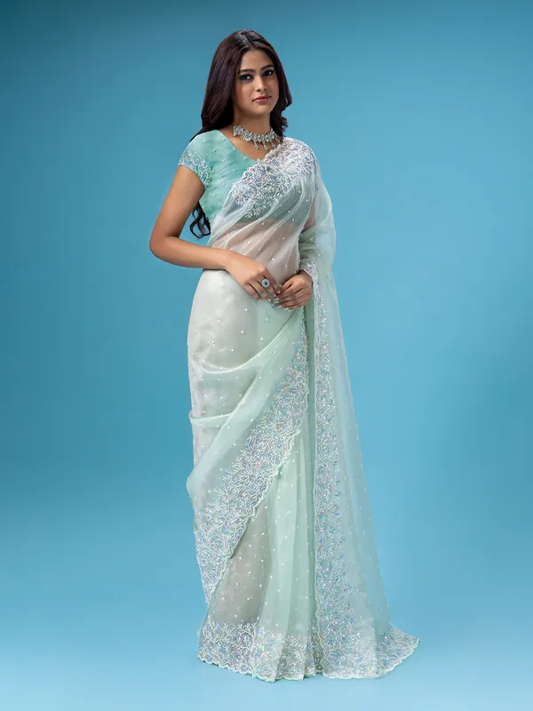 Stunning pista green organza saree