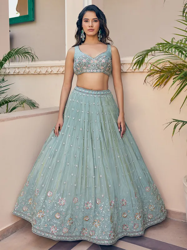 Stunning pista green silk lehenga choli for women