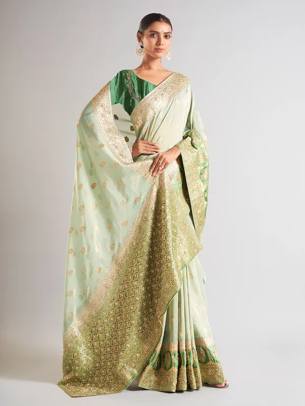 Pista green silk saree for festive wear