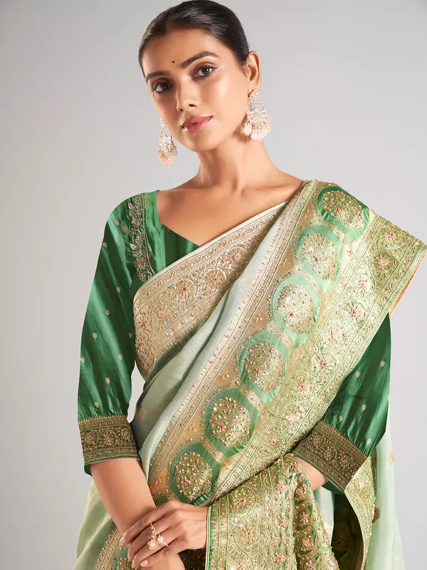 Pista green silk saree for festive wear