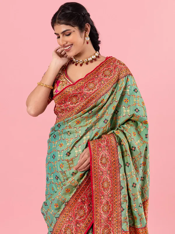 Stunning pista green silk saree for wedding