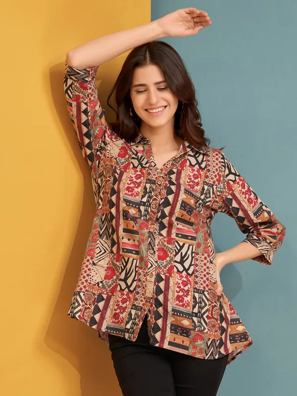 Stunning printed beige cotton top