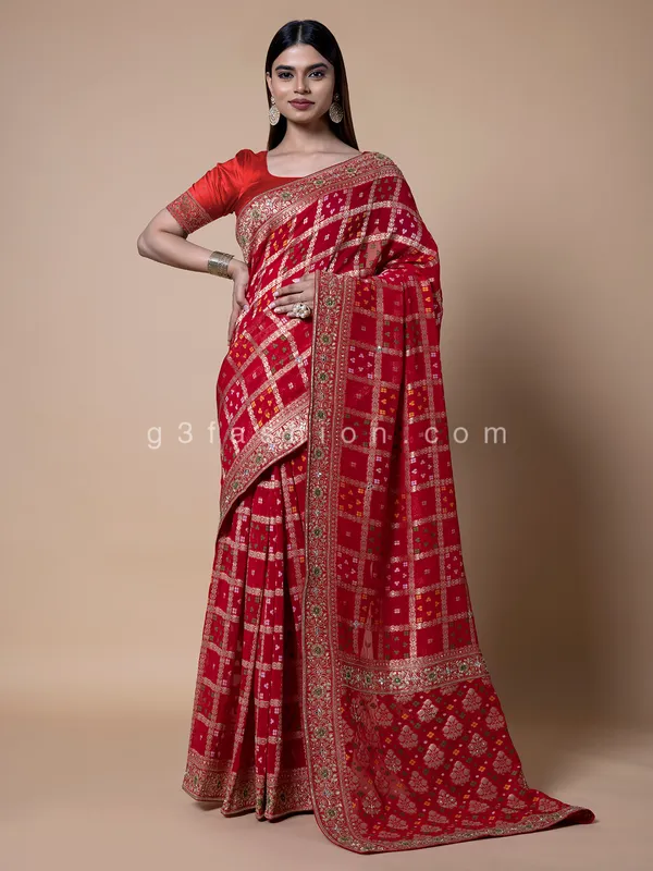 Stunning printed georgette red saree