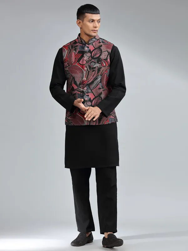 Stunning printed silk black waistcoat set