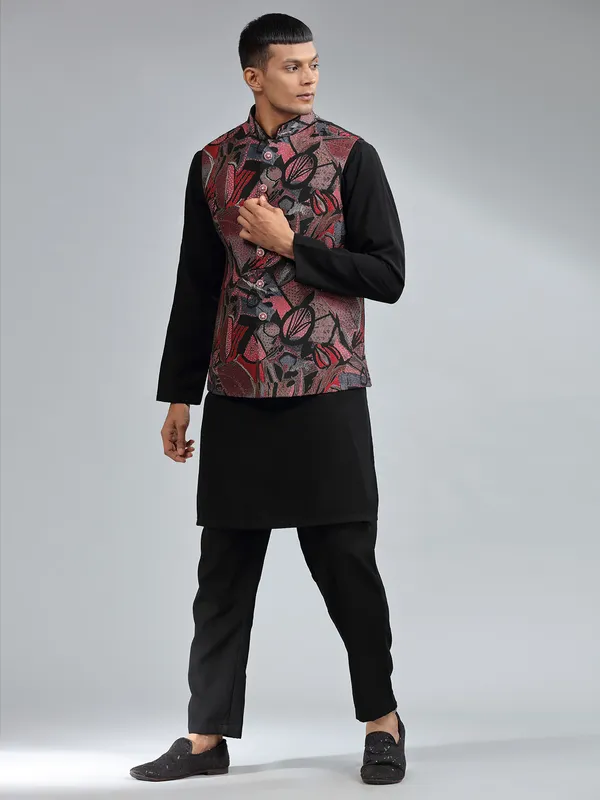 Stunning printed silk black waistcoat set