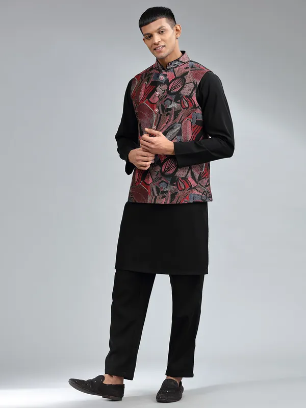 Stunning printed silk black waistcoat set
