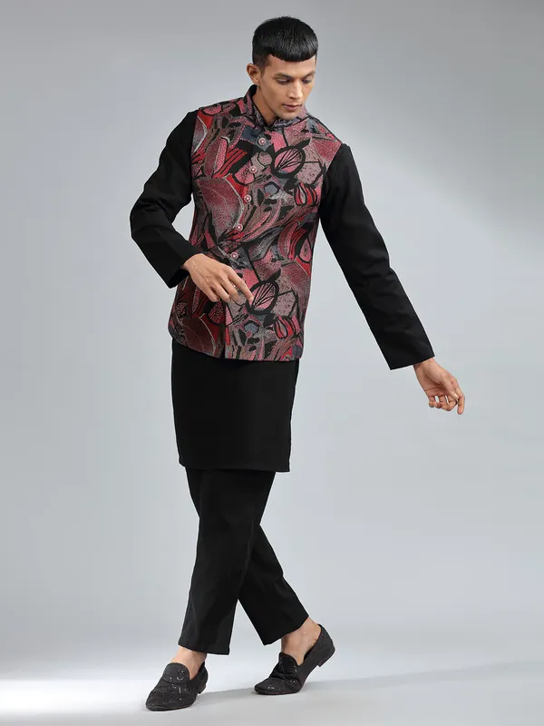 Stunning printed silk black waistcoat set