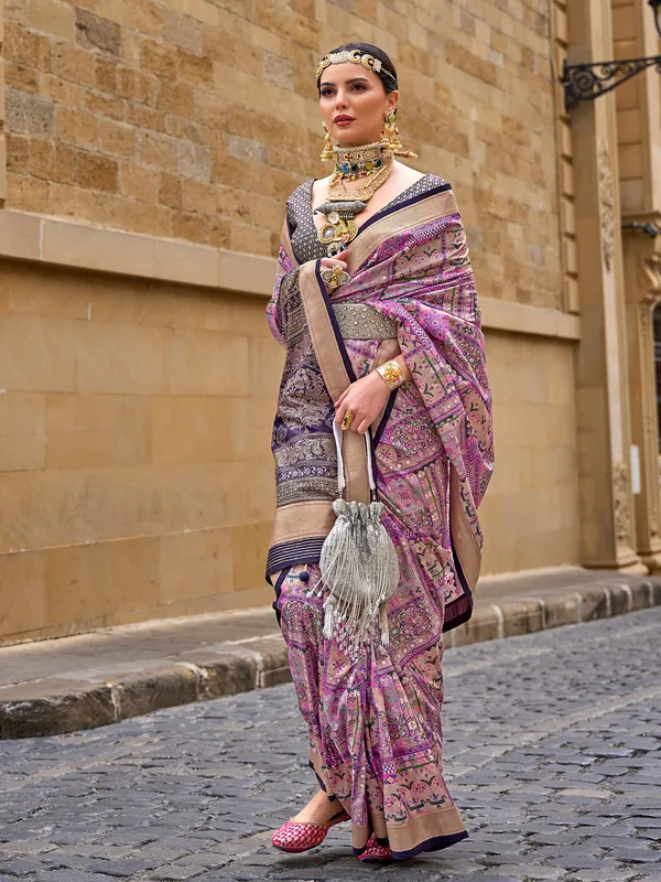 Stunning printed silk purple saree