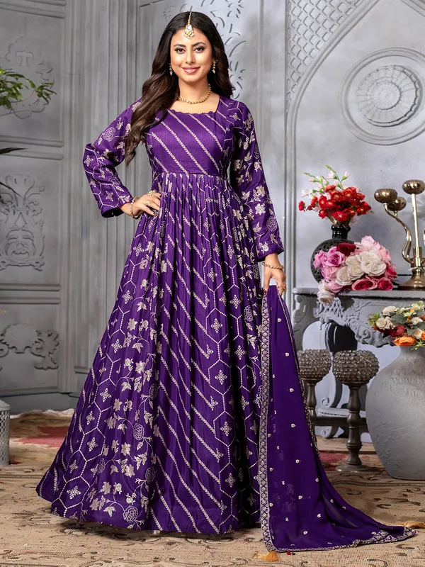 Stunning purple banarasi silk anarkali suit