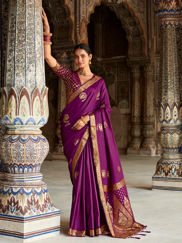 Stunning purple satin silk saree