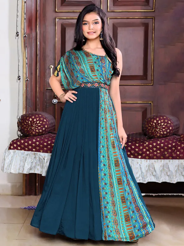 Stunning rama blue georgette printed gown