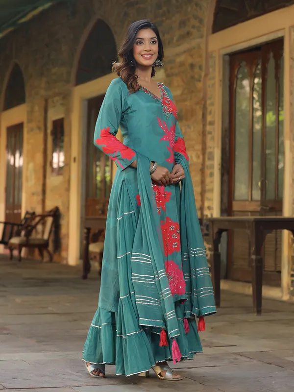 Stunning rama blue printed long kurti