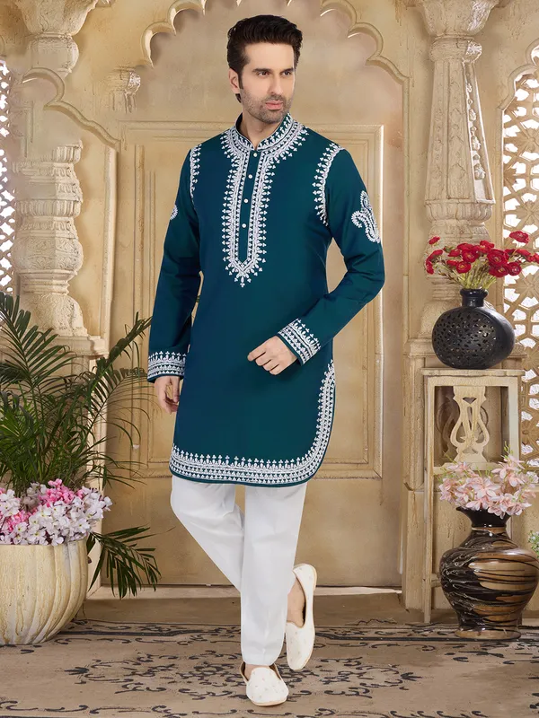 Stunning rama blue silk  Men Kurta pajama for festive