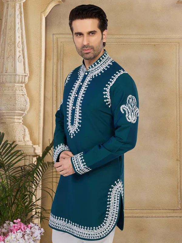 Stunning rama blue silk  Men Kurta pajama for festive