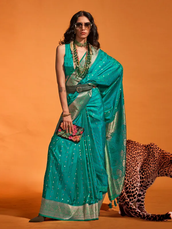 Stunning rama green satin silk saree
