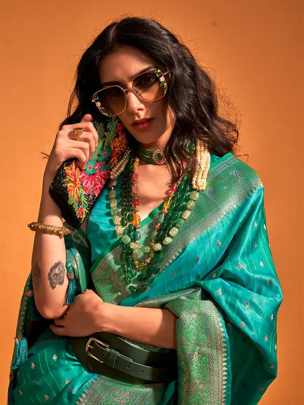 Stunning rama green satin silk saree