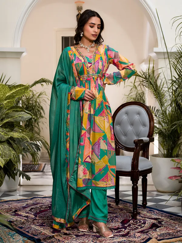 Stunning rama green silk printed kurti set