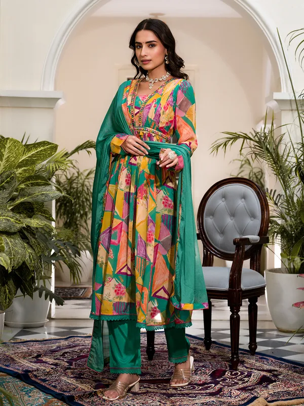 Stunning rama green silk printed kurti set