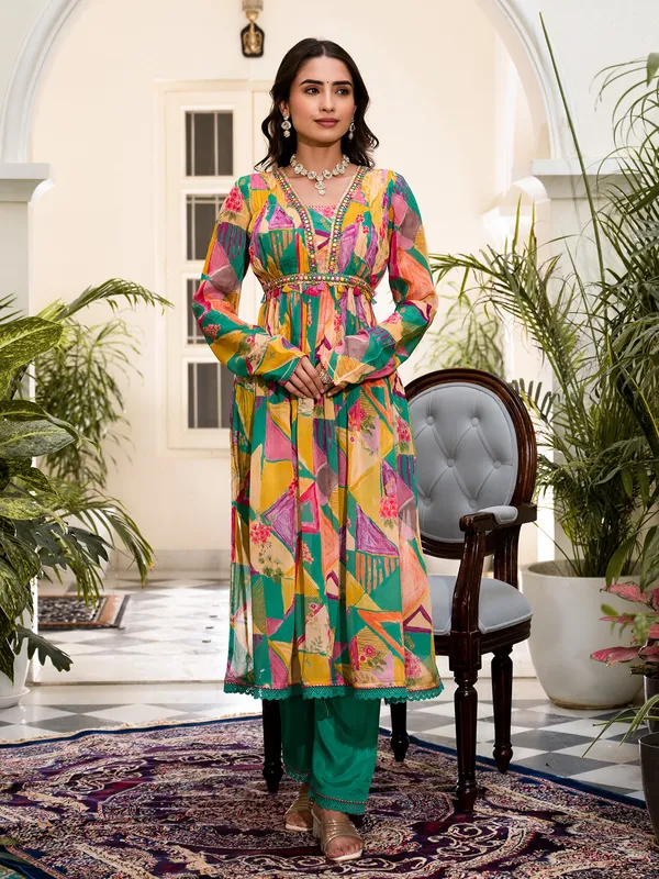 Stunning rama green silk printed kurti set