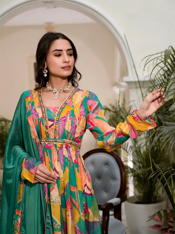 Stunning rama green silk printed kurti set