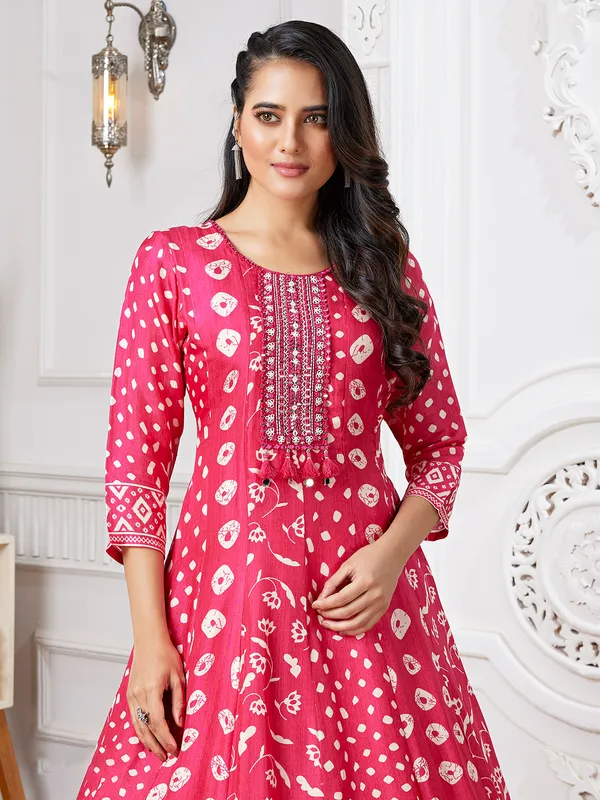 Stunning rani color anarkali printed suit