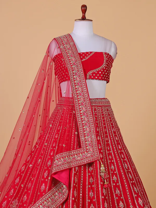 Stunning rani color raw silk unstitched lehenga choli