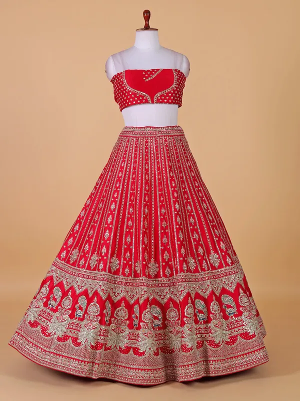 Stunning rani color raw silk unstitched lehenga choli