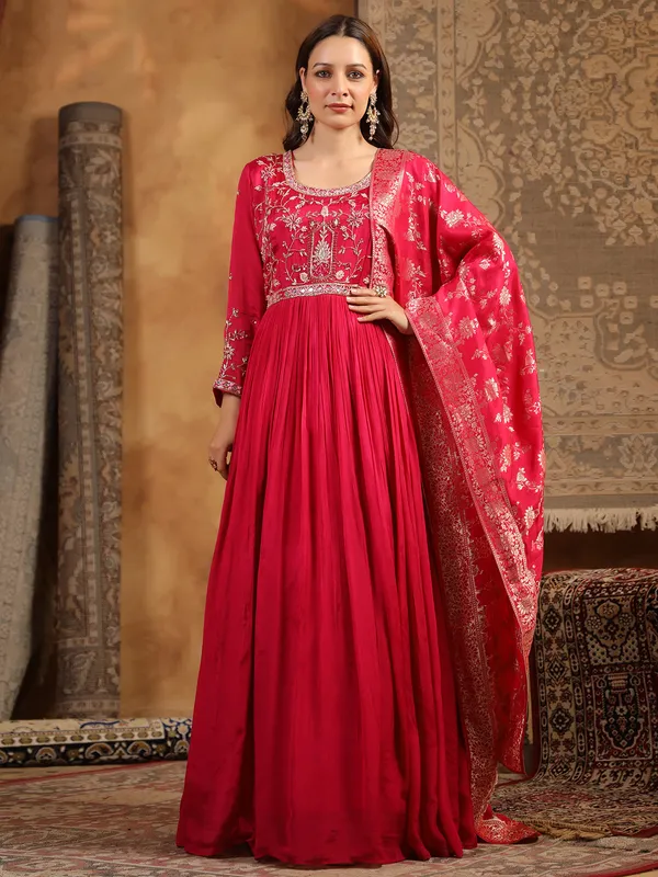 Stunning rani color silk anarkali kurti set