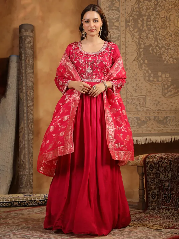 Stunning rani color silk anarkali kurti set