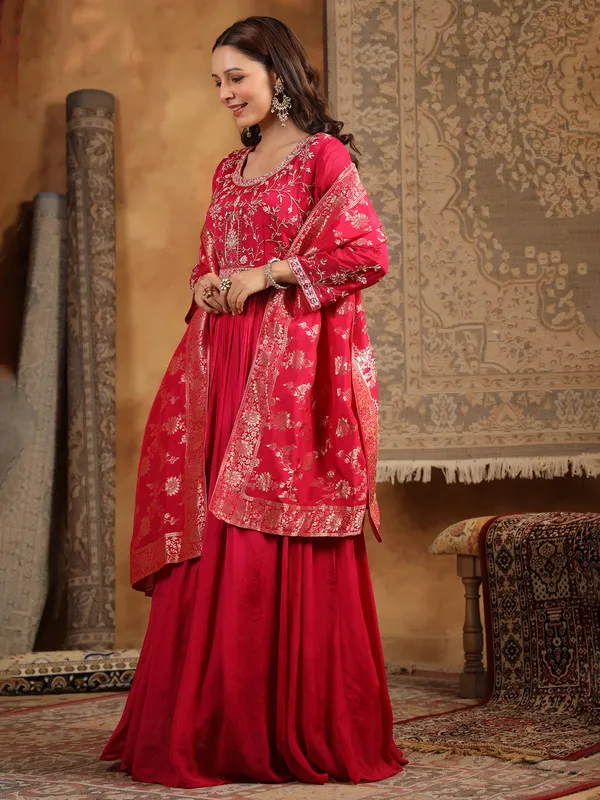 Stunning rani color silk anarkali kurti set