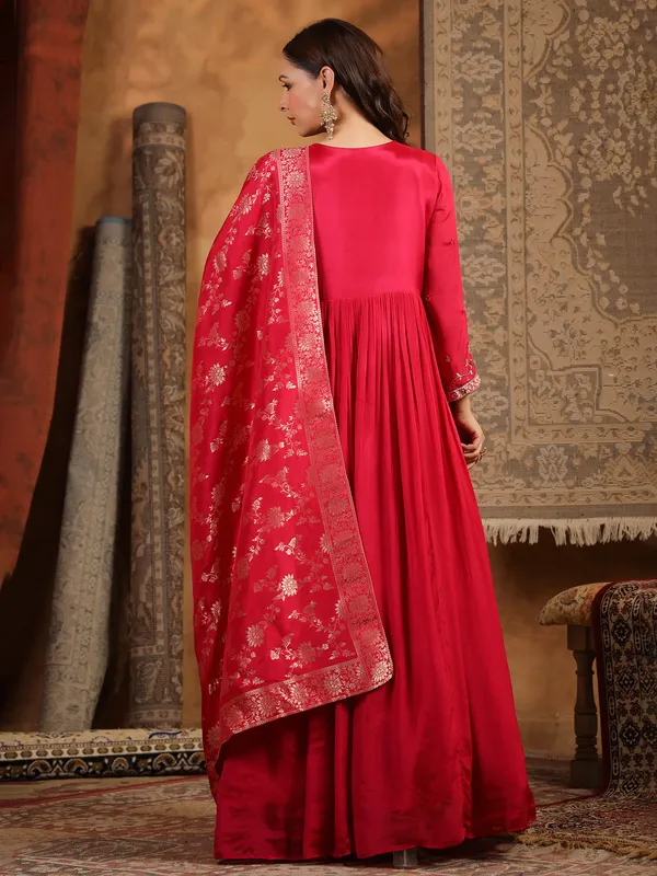 Stunning rani color silk anarkali kurti set