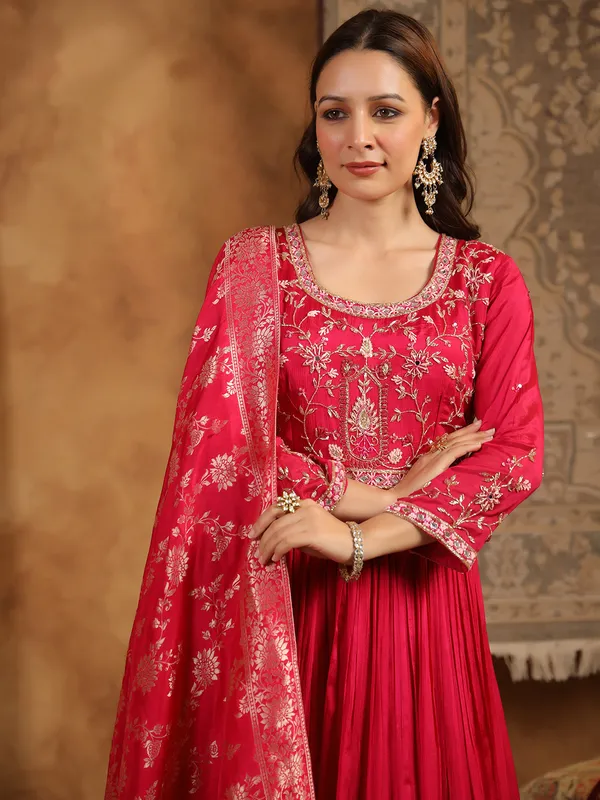Stunning rani color silk anarkali kurti set