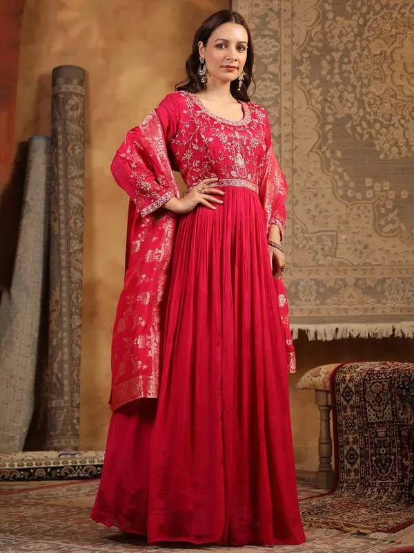 Stunning rani color silk anarkali kurti set