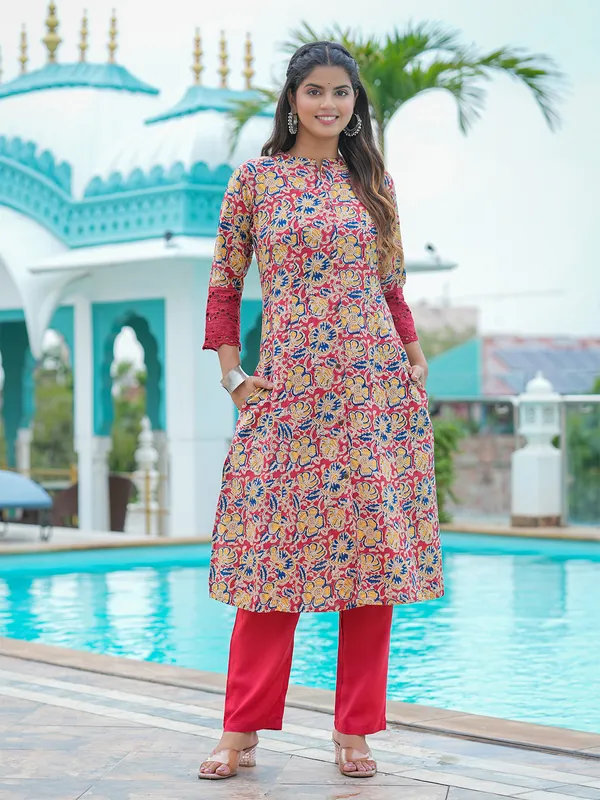 Stunning red cotton printed kurti