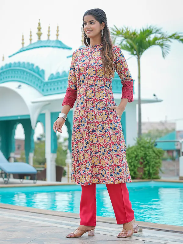 Stunning red cotton printed kurti