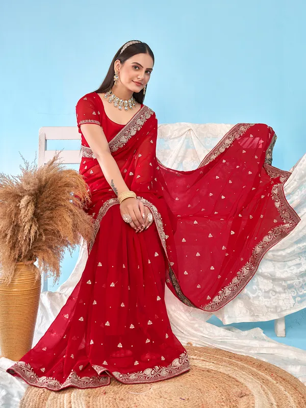 Stunning red embroidery georgette saree