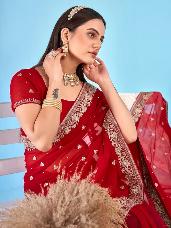 Stunning red embroidery georgette saree