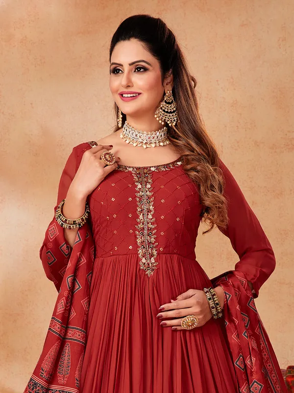 Red anarkali suit with dupatta in georgette