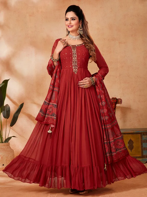 Red anarkali suit with dupatta in georgette