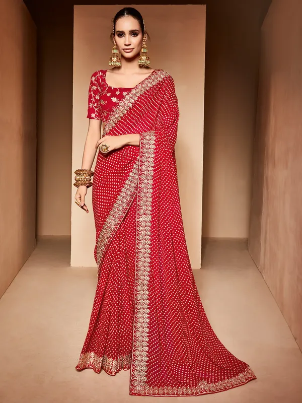 Stunning red georgette printed saree