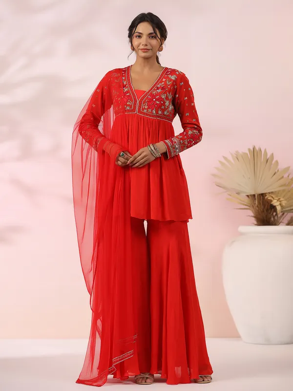 Stunning red georgette sharara suit
