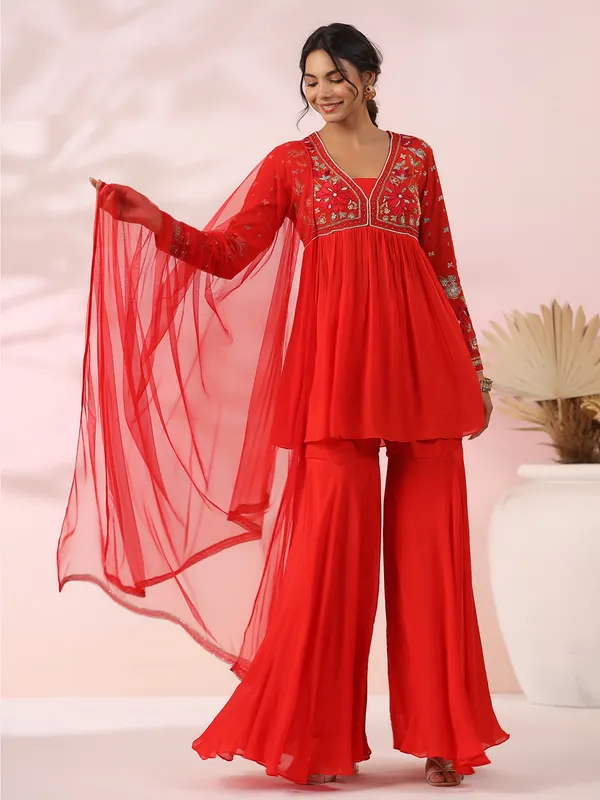 Stunning red georgette sharara suit