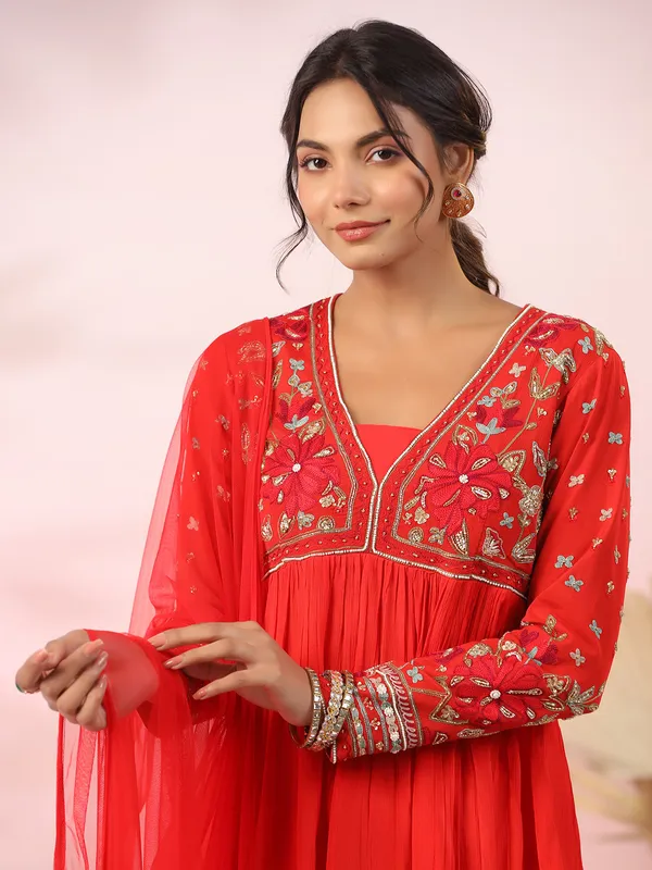 Stunning red georgette sharara suit