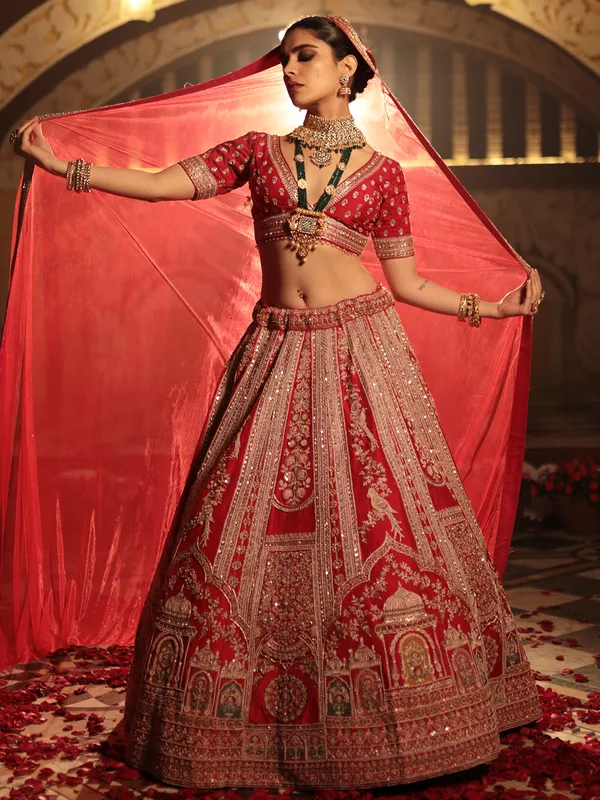 Stunning red lahenga choli in raw silk